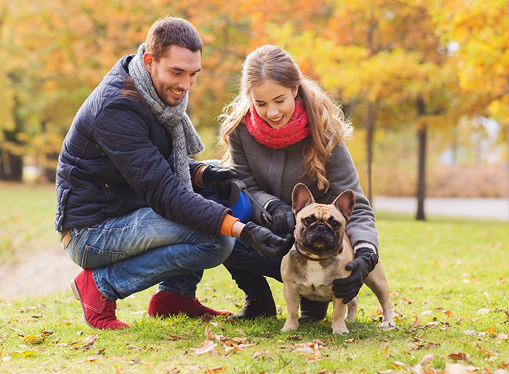 couple with dog in park
