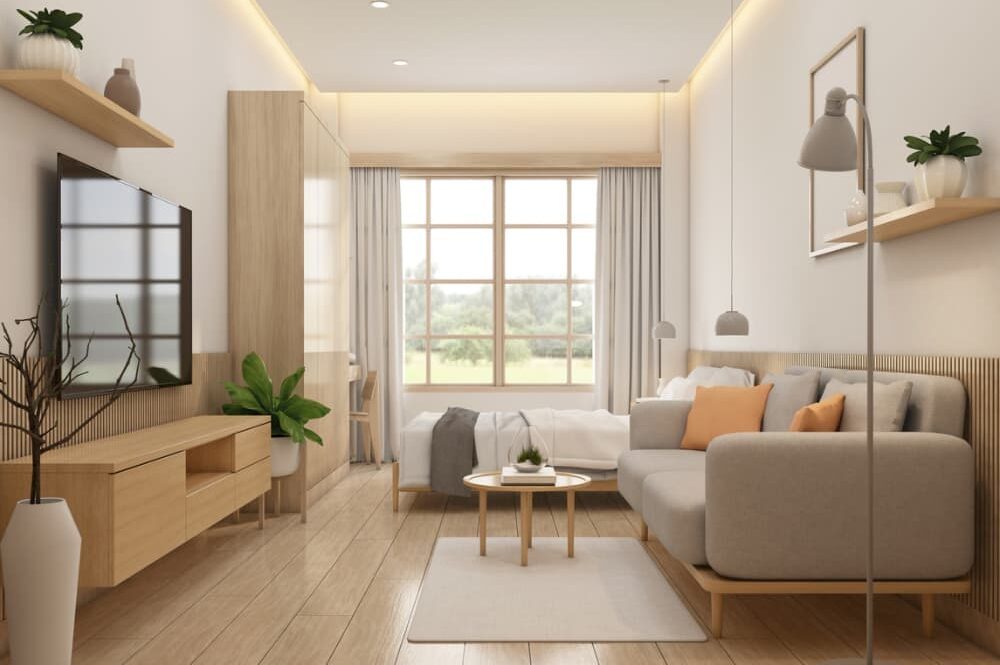 White minimalist studio apartment with sofa, TV cabinet, bed, and wardrobe