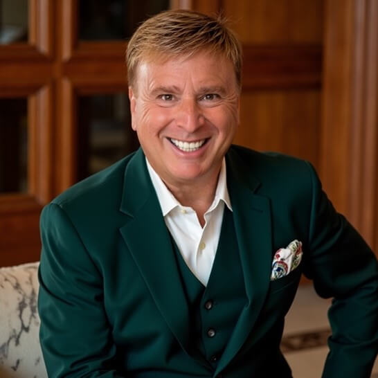 Portrait of Roger Muller, Jr of Muller Insurance in a green suit.