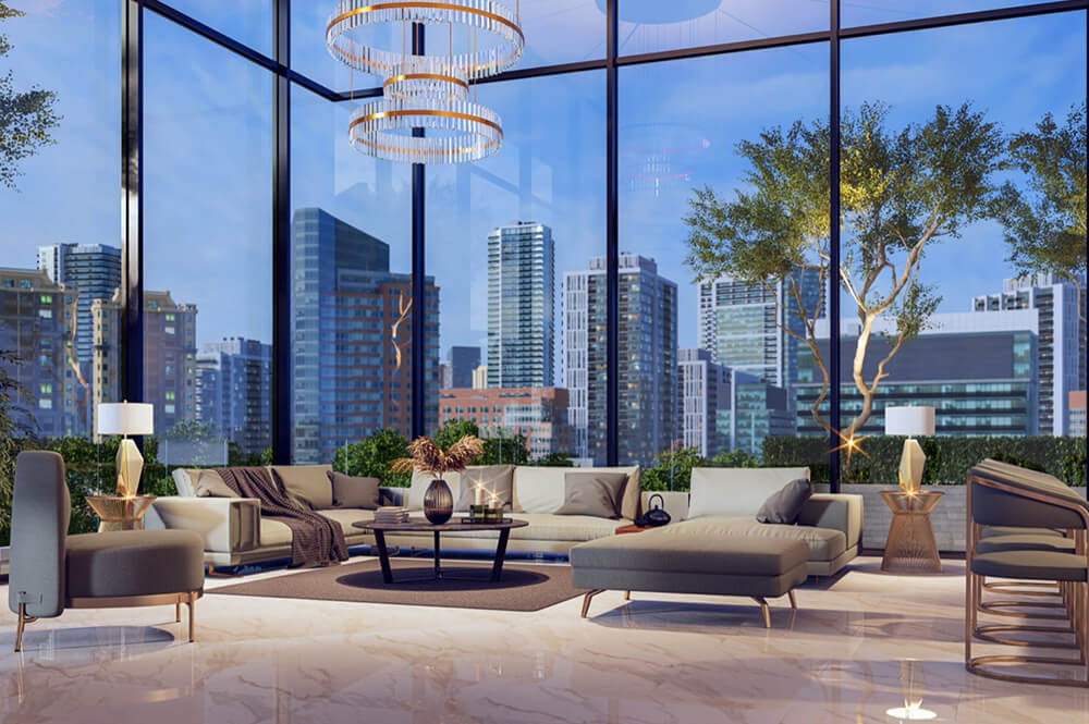 High-rise condo unit in Jersey City, NJ with high glass windows looking at skyline.