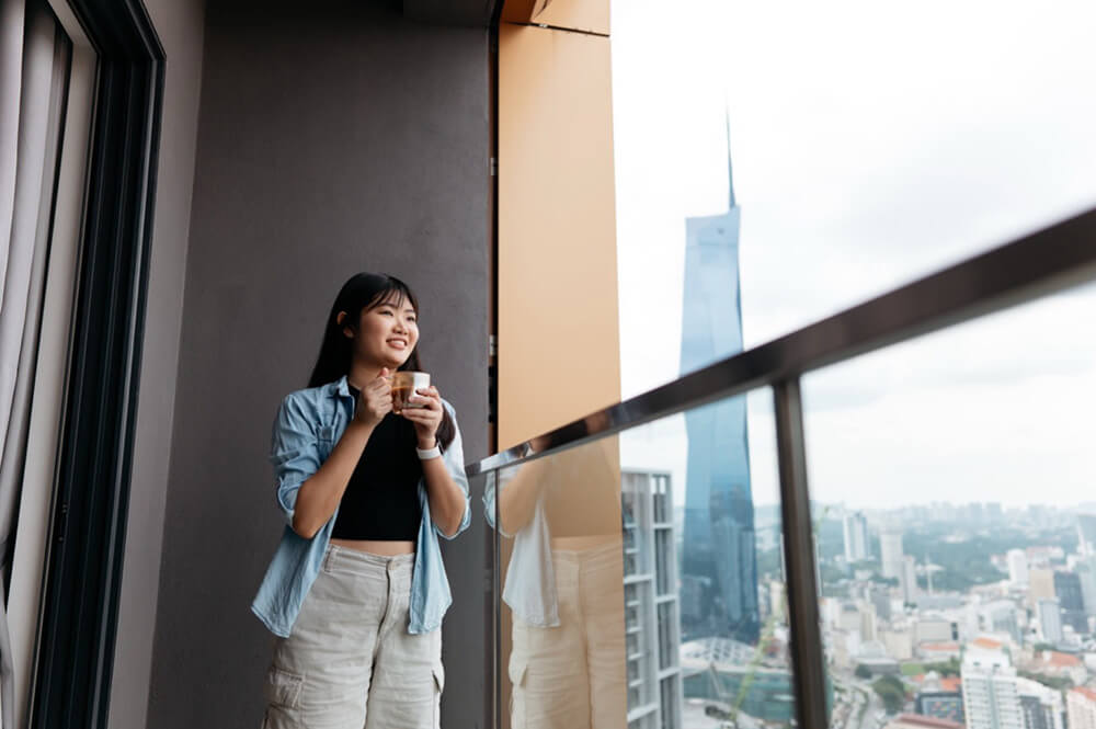 Woman holding coffee on balcony of Jersey City condo.