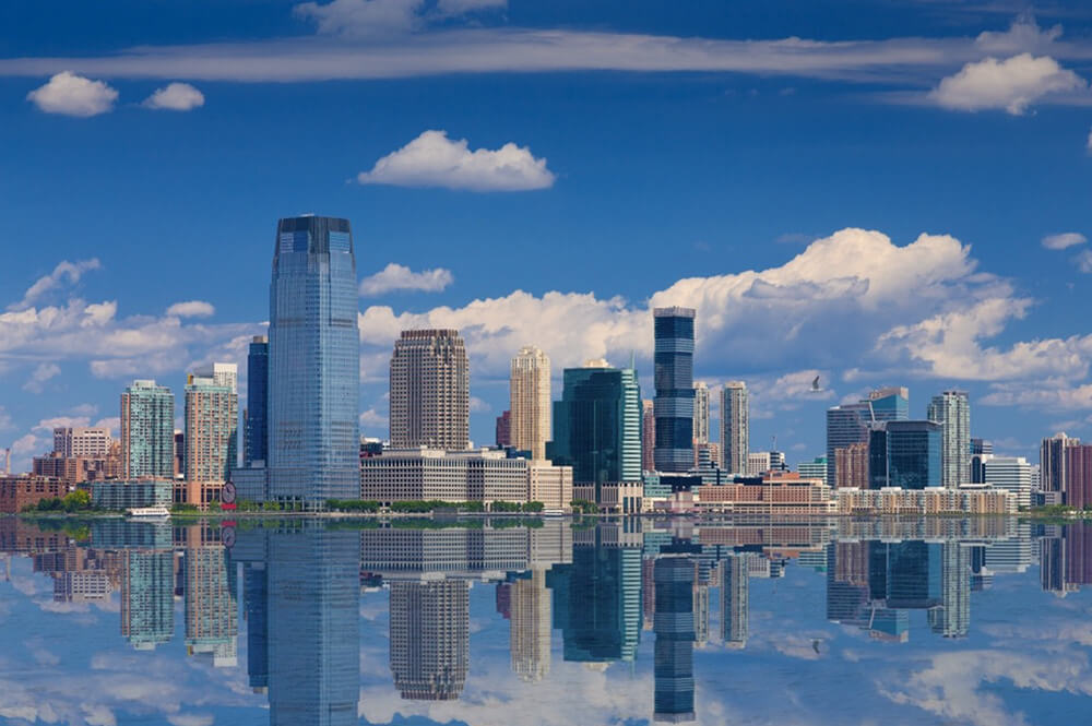 Jersey City skyline with flooded waters in front