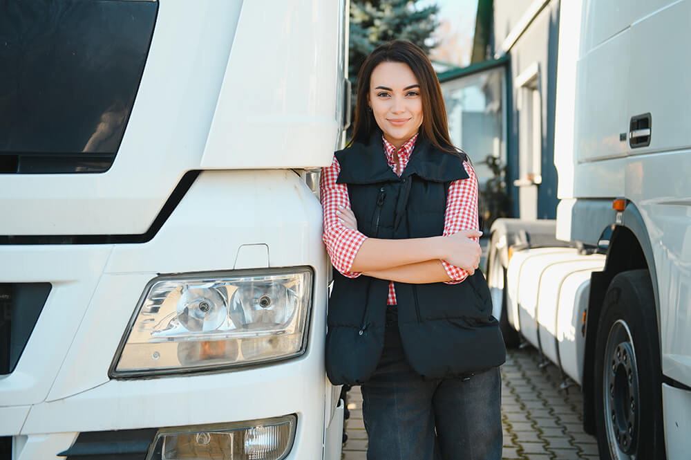 Professional woman standing next to commercial vehicle
