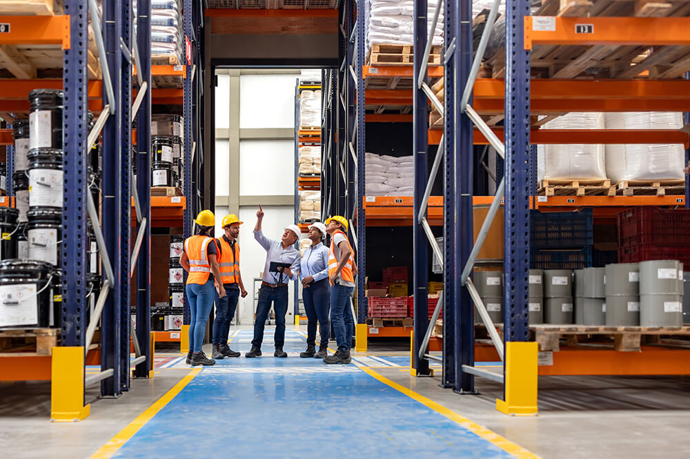 Workers in warehouse pointing at shelving